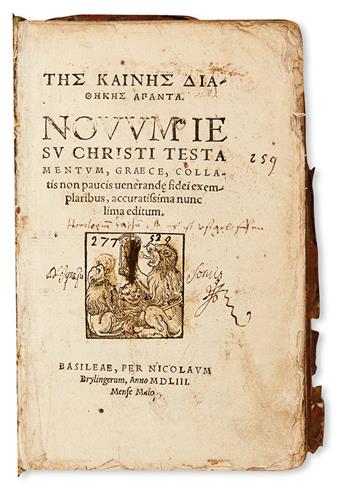 BIBLE IN GREEK.  Tes kaines diathekes hapanta. Novum Jesu Christi Testamentum, Graece.  1553